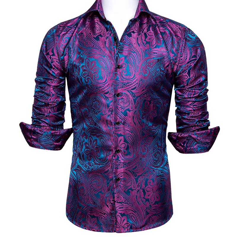 Luxury Silk Mens Shirts Red Blue Black Green Purple Gold White Gray Paisley Flower Long Sleeve Regular Slim Fit Casual Blouses