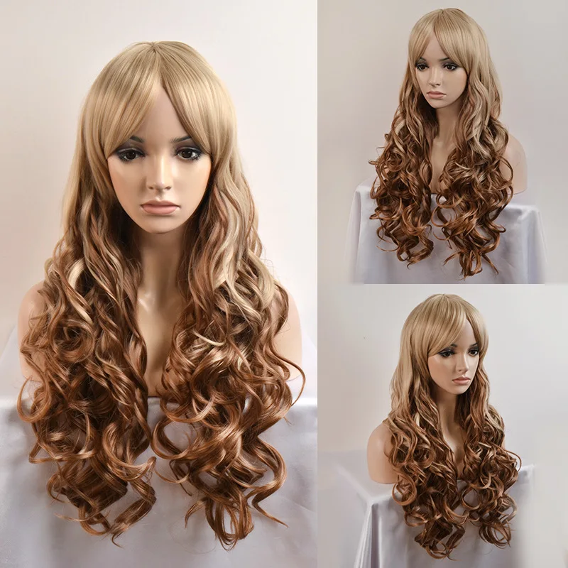 Blonde Ombre Wig. Blonde/Carmel Curly Hair Side Bangs Wig. Heat Friendly Synthetic Hair Wig.