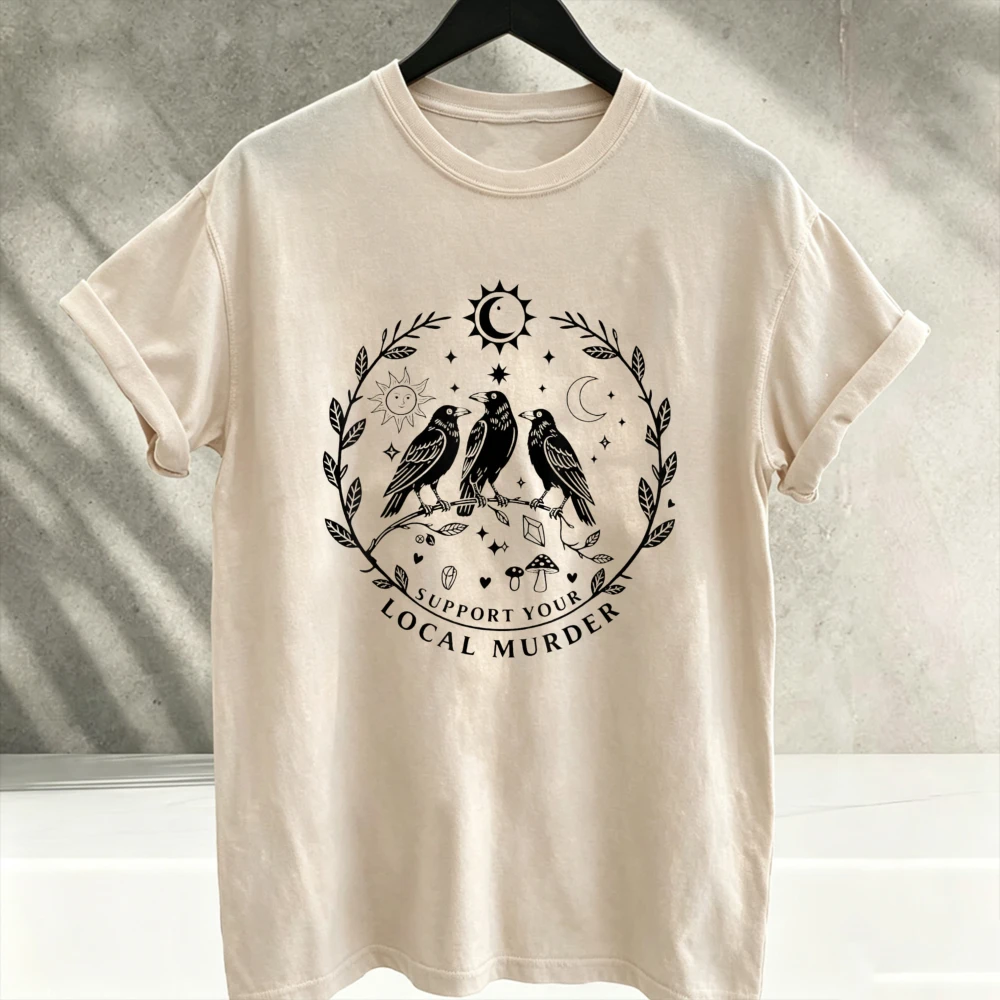 Support Your Local Murder Crow Birds Witchy Graphic T-Shirt Mystic Sun Moon Raven Wreath Print Unisex Occult Gothic Cotton Tees