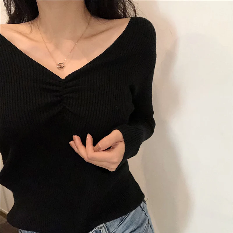 Zoki Sexy V Neck Women Sweater Autumn Knitted Pullover Jumper Chic Soft Korean Slim Long Sleeve Female Basic Top New