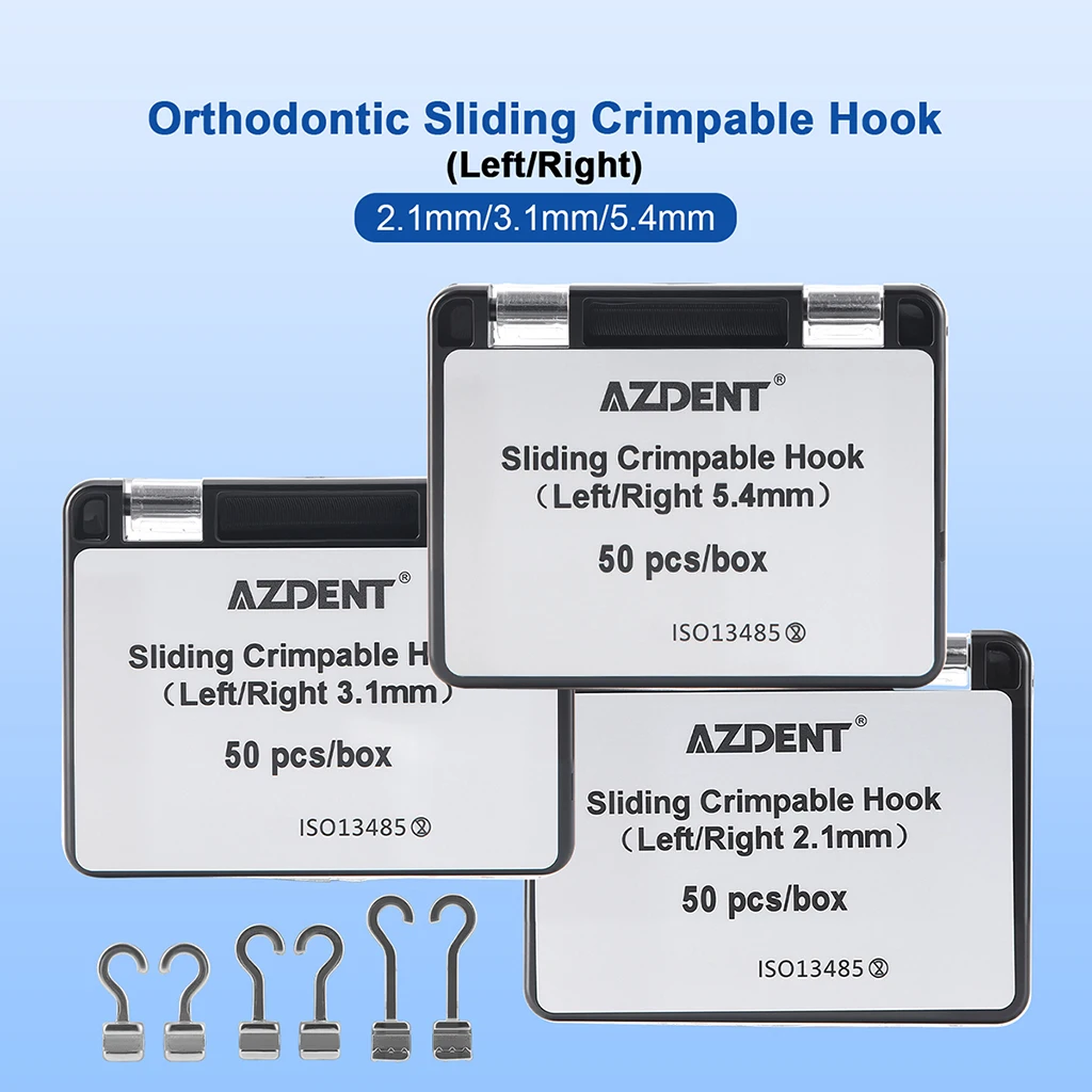 50 Stück/Box AZDENT Dental Kieferorthopädische Gleitende Crimpbare Haken Lang Rechts/Links Gebogene Crimpbare Haken 2,1/3,1/5,4mm Passend für Drahtbögen – Detail 1