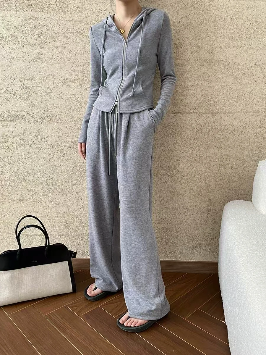 Fashionable Waist Pinching Style Gray Gray Hooded Double Zipper Jacket and Slacks Two Sets