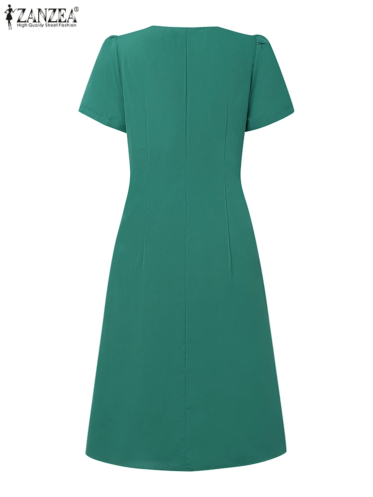 Eleganckie sukienki do pracy z krótkim rękawem i dekoltem w serek ZANZEA na lato 2025, stylowe, jednolite, plisowane sukienki w kształcie litery A na przyjęcie, Vestidos Robe Femme