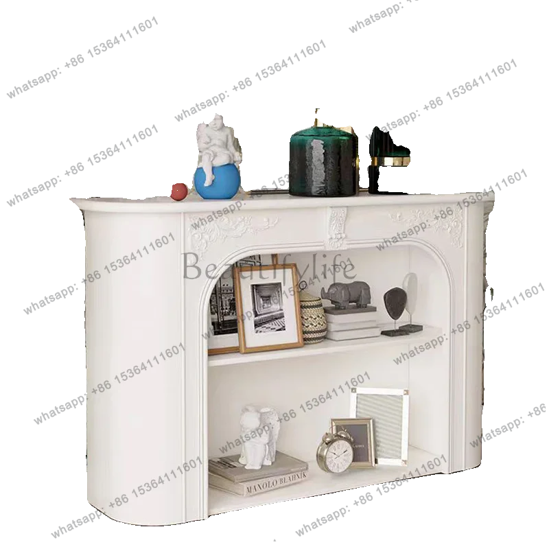 

French light luxury living room fireplace cabinet solid wood carving flower cream white dining side cabinet