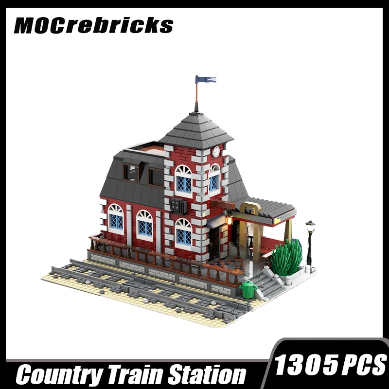 City Architecture Street View Rural Railway Station Model Building Blocks Scene Module Train Track Assembly Bricks Toys Kid Gift