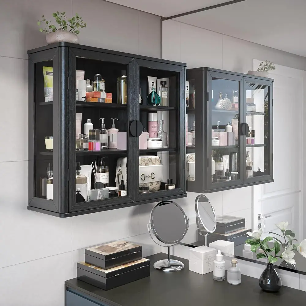 Black Tempered Glass Display Wall Storage Cabinet,Bathroom Wall Cabinet,Wall Mounted Cabinet with Curved Edges, loating Cabinet