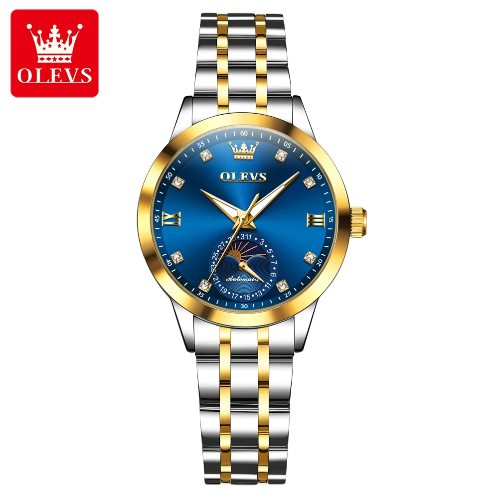 ساعة ماركة OLEVS، ساعة ميكانيكية أوتوماتيكية بالكامل لمرحلة القمر، ساعة نسائية، ساعة نسائية 7041
