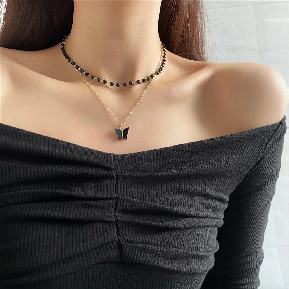 Black Butterfly Pendant Necklace Bead Opal Chain Shiny Women Trendy Temperament Jewelry Choker Necklace Wedding Jewelry