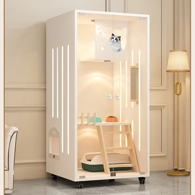 Cream-style Cat Cage for Pet Shop Density Board Cat House Double-layer Large Space Glass Door Light Luxury Simple Cage