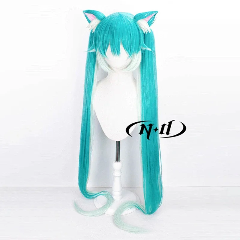 DY2025ND Hatsune Miku Pelucas de cosplay V Singer Cosplay Aqua Green Pelucas de pelo de cola de caballo doble con orejas para Comic Con Coser Navidad P