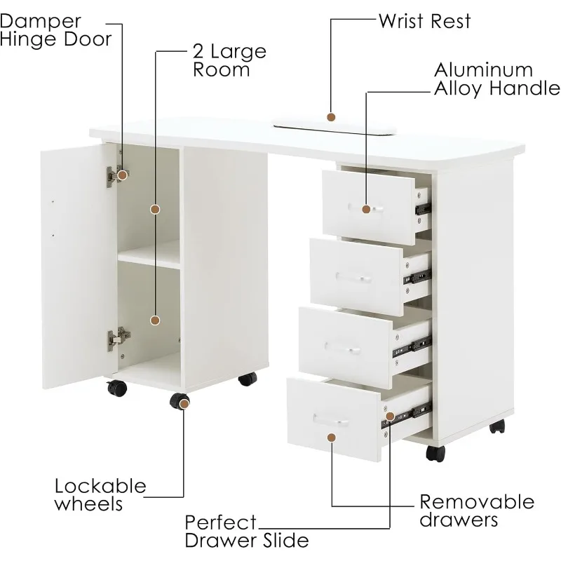 Manicure Table, Acetone Resistant Nail Desk, Nail Table with 4 Drawers, 2 Cabinet, Lockable Wheels, Wrist Pad, Nail Desk