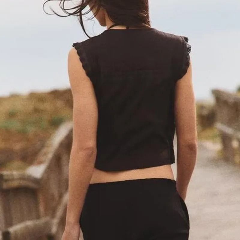 Printemps 2025 femmes Faionable coton mélange brodé v-ne Svel haut rue Sle fibre de Polyester 00% Z marque