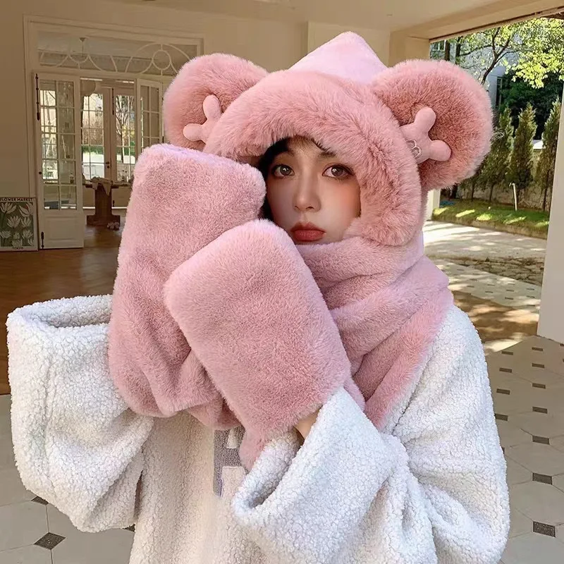 سميكة الصوف الشتاء ثلاث قطع مجموعة ميكي ماوس الأذن وشاح المتكاملة الدافئة الدببة الضخمة قبعة وشاح قفازات قبعة لخريف