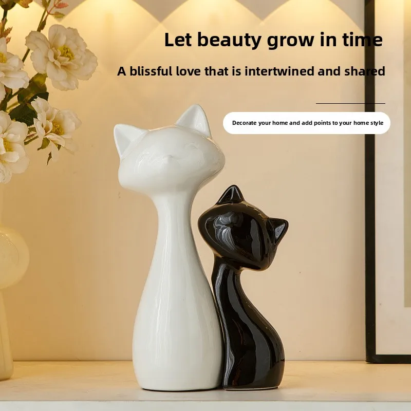 Cute Hugging Ceramic Cat Figurines, Smooth Art Kitten Statue, Minimalist Healing Desktop Ornament Home Decor Sweet Birthday Gift