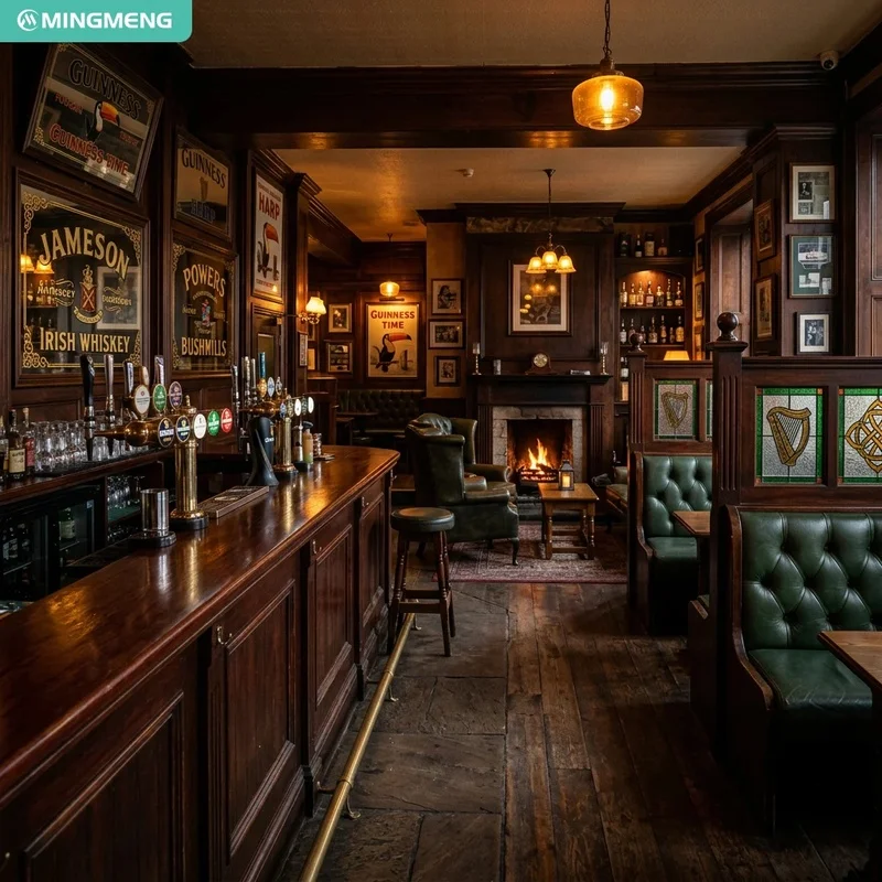 Vintage Irish Pub Bar Furniture Dark Wood Bar Counter Tufted Leather Booth Seating Bar Stool for Restaurant Bistro Project