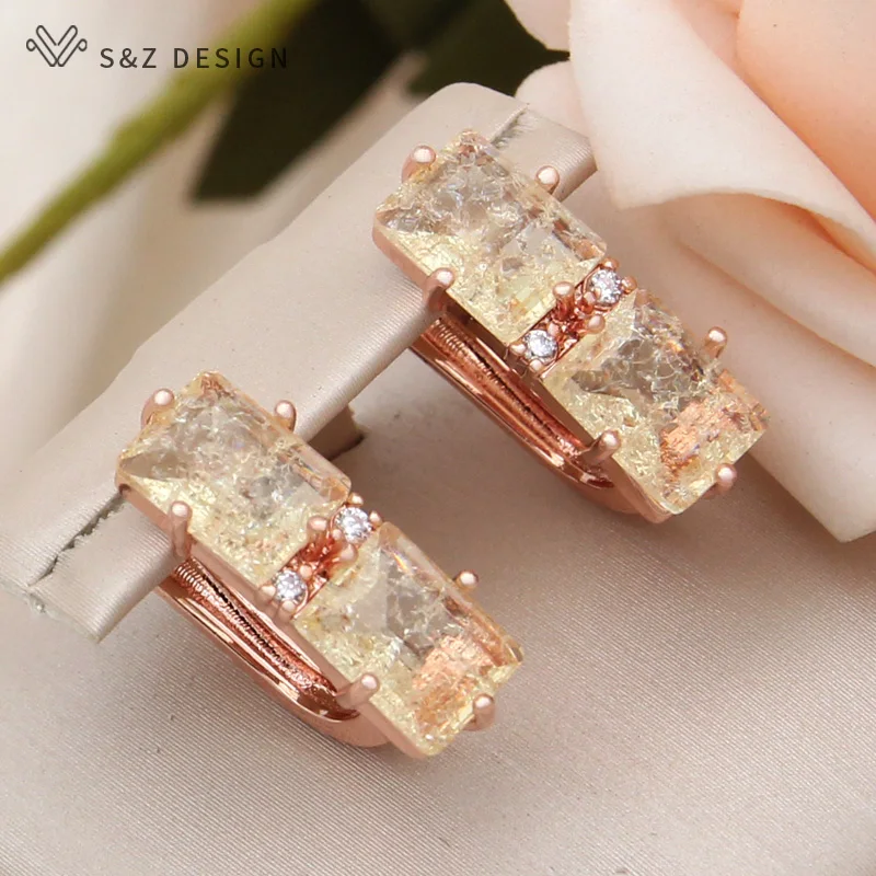S&Z DESIGN New Fashion 585 Rose Gold Color Rectangle Ice Crack Crystal Drop Earring For Women Wedding Cubic Zirconia Jewelry