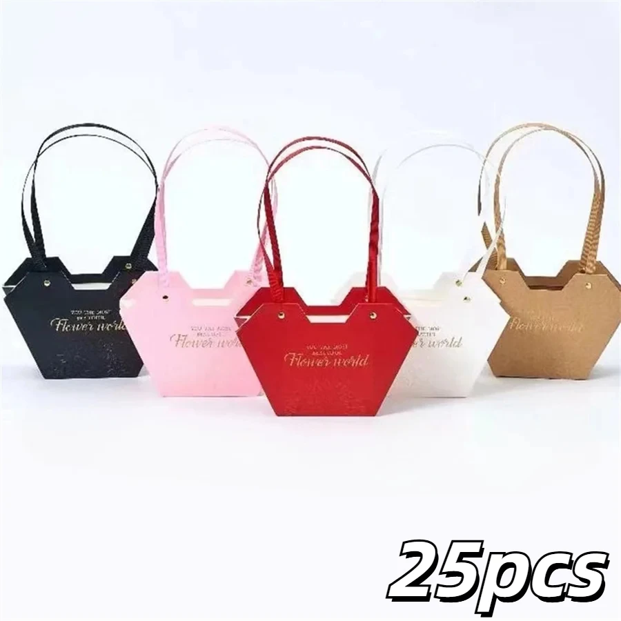 25pcsHeart Handbag Handheld Boxes Flower Candy Gift Bouquet Package Packaging Bag Box Diy Floral Material Wedding Party Supplies