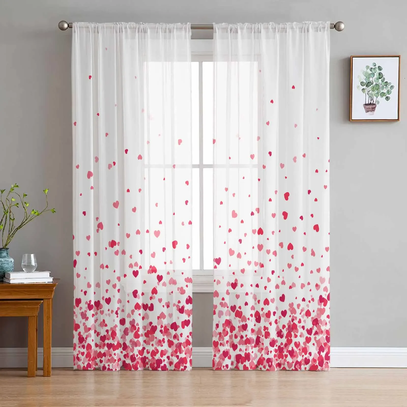 Valentine'S Day Love Scattered Falling Love Sheer Curtains for Living Room Decoration Window Curtain Kitchen Tulle Voile Drapes