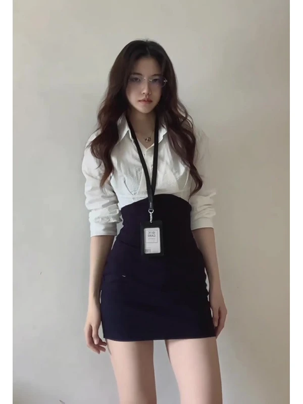 طقم قميص أبيض وتنورة عالية الخصر للنساء، ملابس مكتبية صيفية بأسلوب كلاسيكي، طقم ضيق أنيق