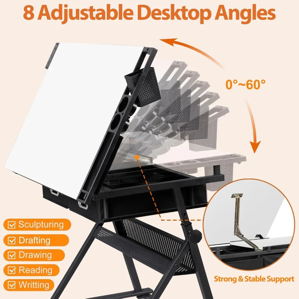 Adjustable Drafting Table with Tilting Desk and Storage Drawers for Artistic Workstations at Home