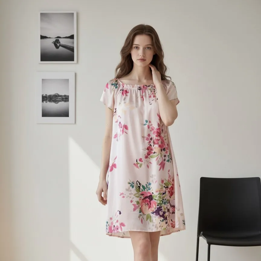 Spring Summer Women's Loose Mulberry Silk Printed Pajamas, Short Sleeve Casual Princess Dress Nightdress Sleepwear One Size