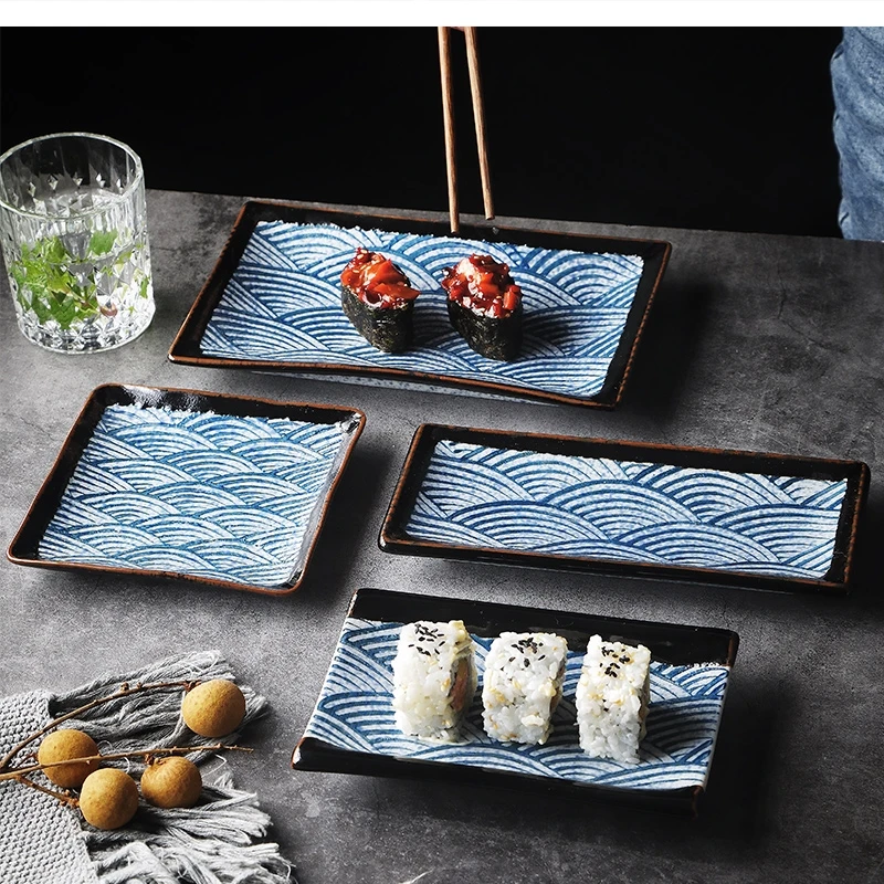 Japanese Ceramic Blue Stripe Sushi Dishes Hotel Restaurant Tableware Modern Home 9 Inch Retro Rectangular Sashimi Dessert