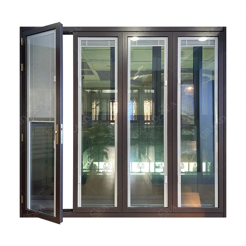 Large landscape full opening exterior balcony aluminum folding door double glazed build with magnetic blinds