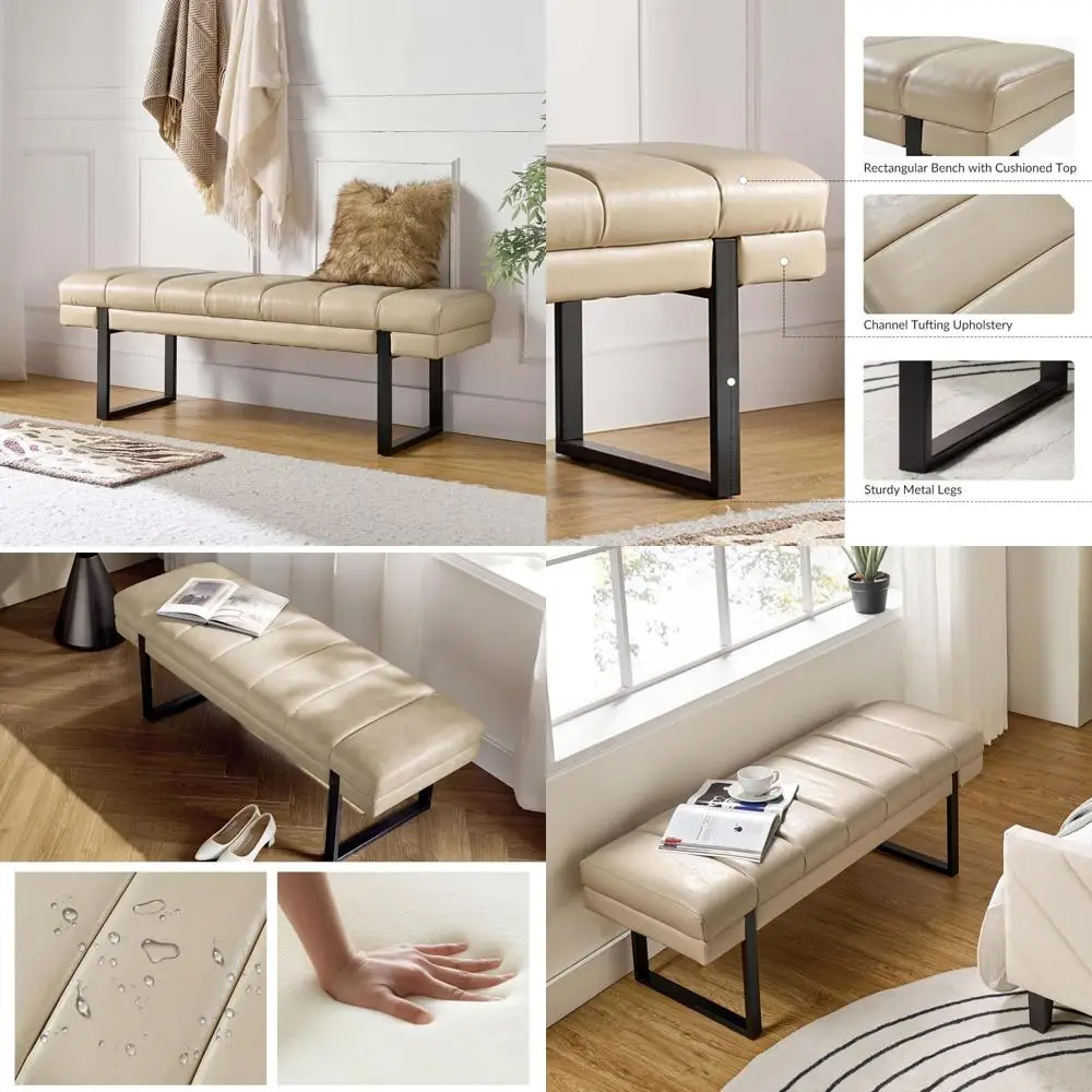 

Тафтинговая скамейка из искусственной кожи на пуговицах для спальни, гостиной с металлическим основанием, бежевая, стильная мебель для прихожей
