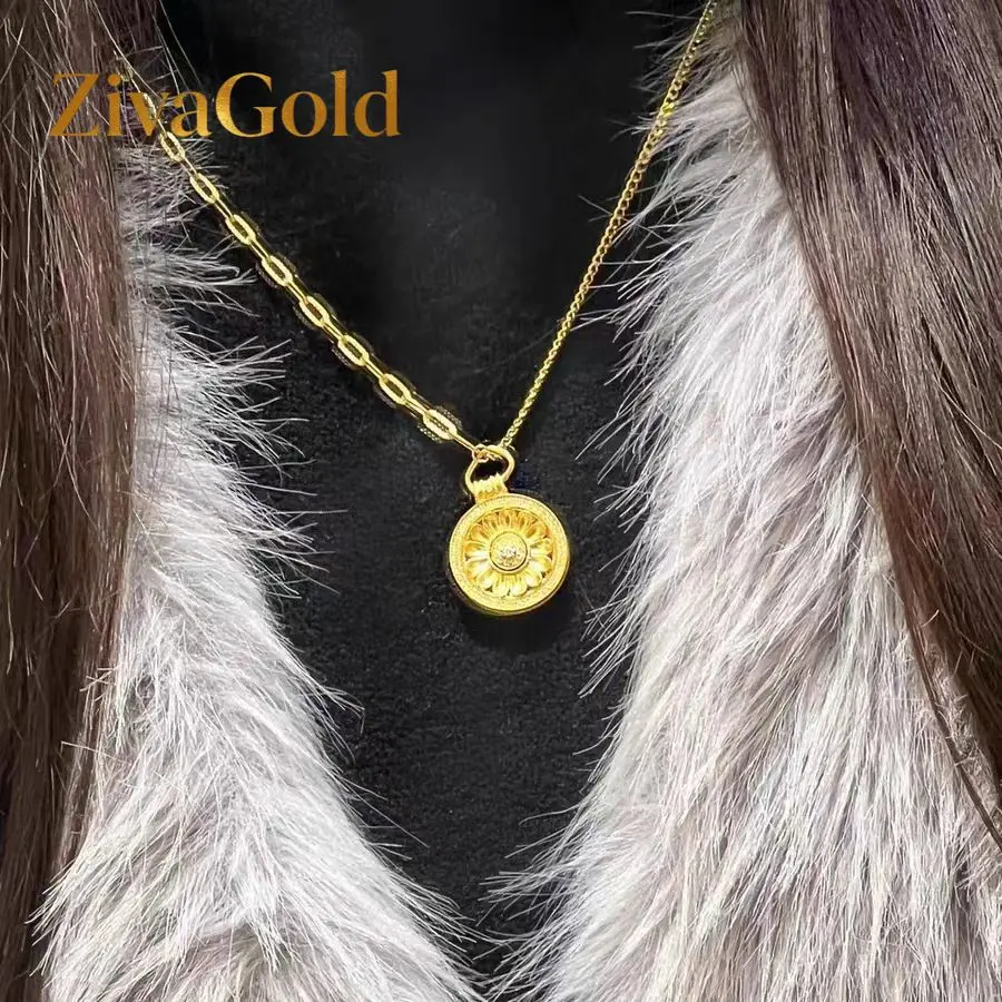 

ZivaGold Women's 24K Gold AU999 Rotatable Daisy Disk Necklace in Imperial Style | Magnetic detachable disks with imperial pat