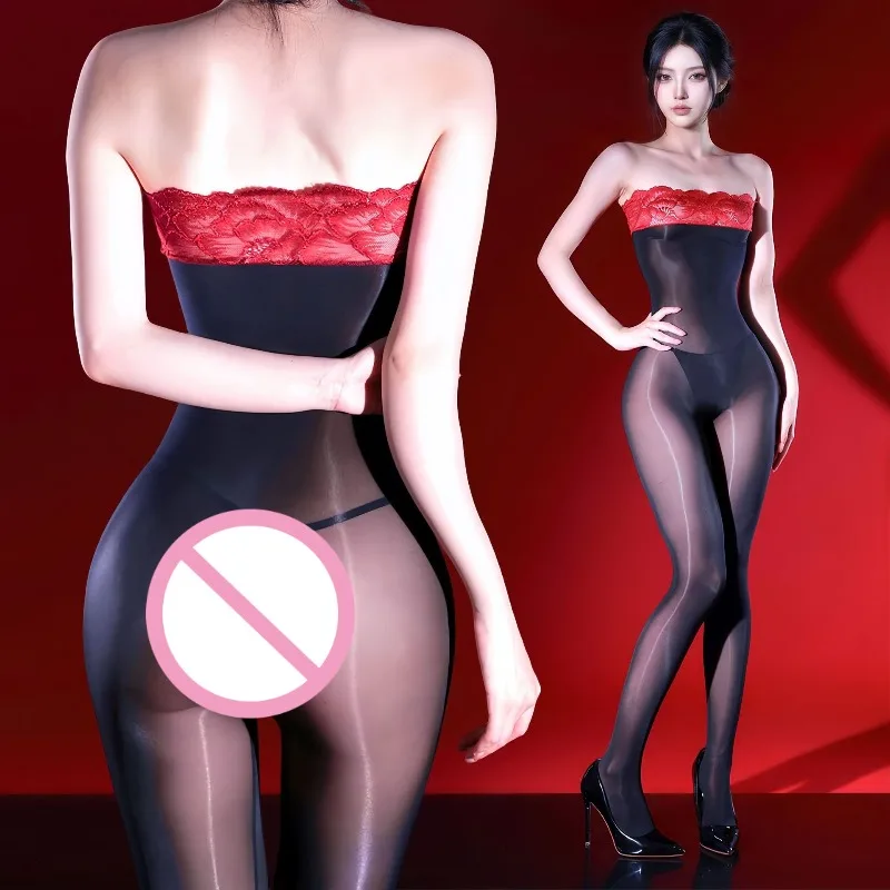Couple Sexy Oil Shiny Jumpsuit Women Men Sissy Pouch Lingerie Lace Trim Strapless Bodystocking Stretch Perspective Full Bodysuit