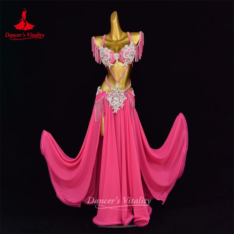 BellyDance Performance Set Exquisite Pearl Bra+Tassel Chiffon Long