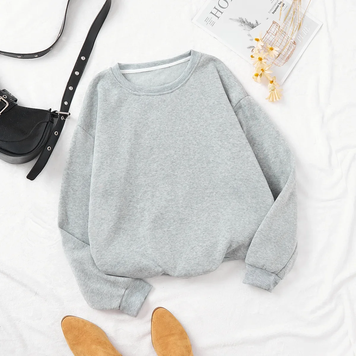 ربيع عادية مبطن بالصوف سميكة فضفاضة بلون طاقم الرقبة هوديي المرأة ربيع موضة ملابس خارجية جديد 2024 #4