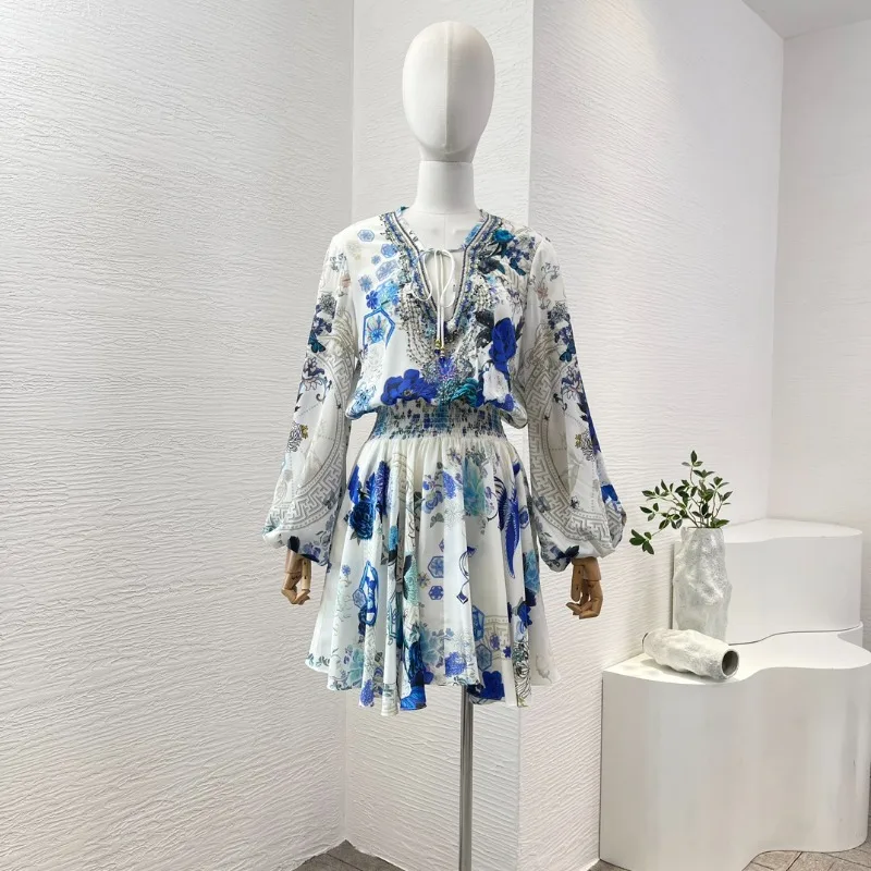 

Woman White Blue Flowers Print Long Sleeve Deep V Neck Pleat Diamonds Mini Holiday Dress for 2024 New Arrivals