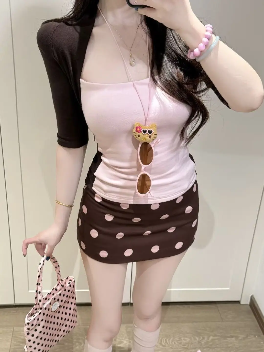 

Summer Polka Dot Halter Neck Short Dress Women's Fashion Set Sleeveless T-Shirt And Skirt Two-Piece Outfit Casual Wear