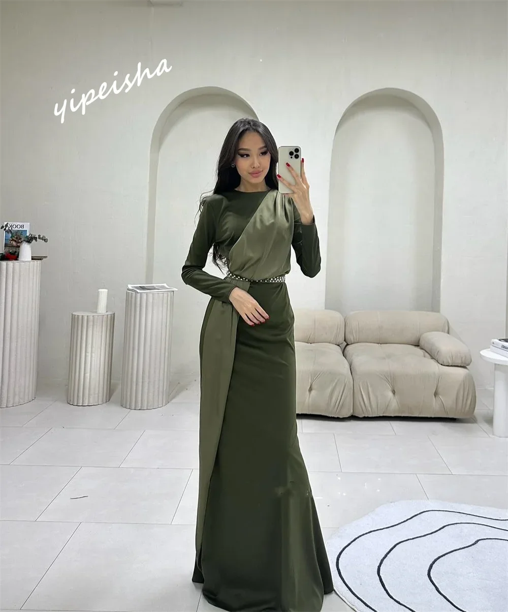 Yipeisha High Quality Jewel Sheath Floor Length Evening Dresses Vertically Rhinestone Satin Customized