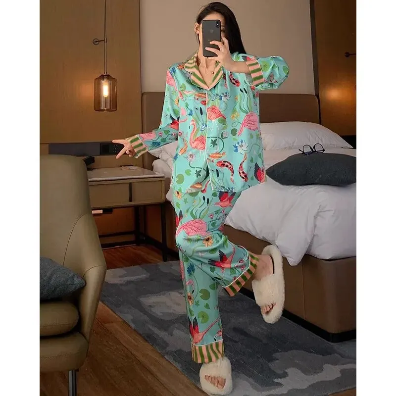 Pajamas for Women in Spring and Summer Long Sleeved Flower and Bird Patterns High-end New Luxurious Sexy Comfortable Home Decor