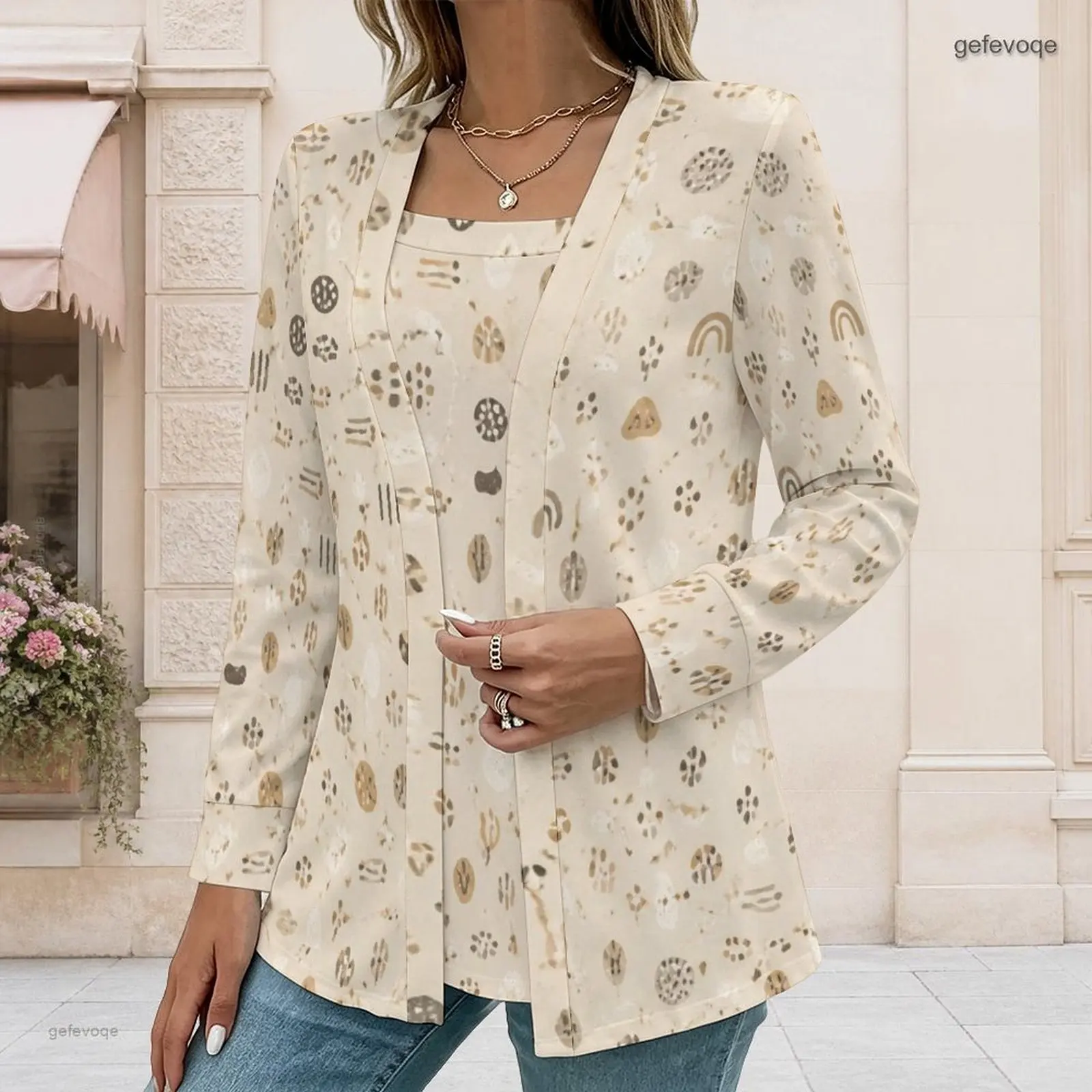 Square Neck Inner Top Long Sleeve Open Front Outer Top Two Piece Printed Top Set for Women