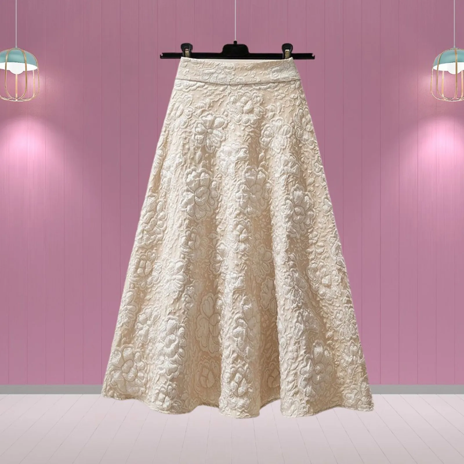 A-line Elastic High Waist Pleated Midi Skirt For Women Vintage Solid Color Lace Plus Size 4xl Long Skirt Elegant All-match Skirt