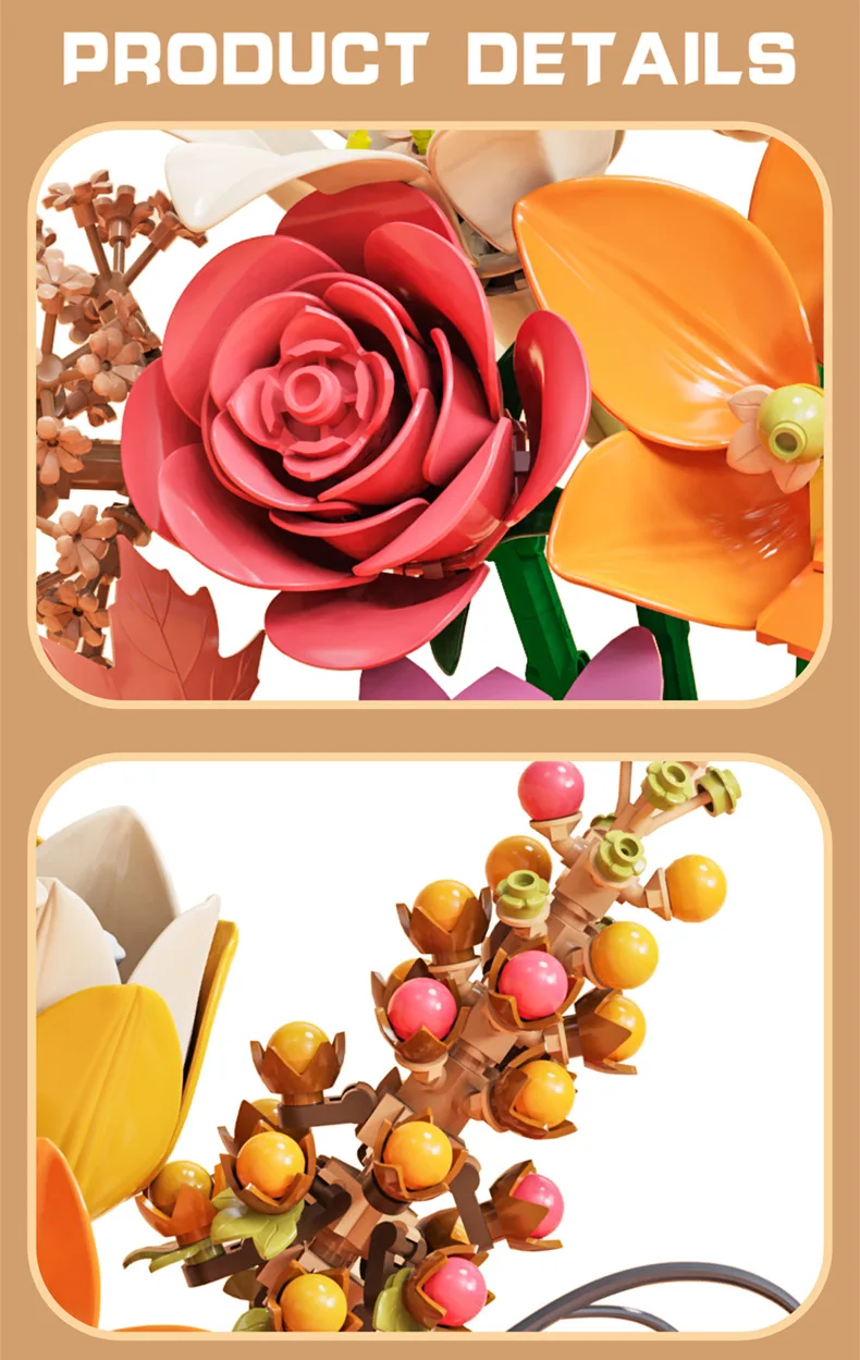 Blumen-Bausteine, Orchidee Cymbidium, Ewiger Blumenstrauß, Bausatz, botanisches Rosen- und Gänseblümchen-Modell, Mini-Bausteine, Spielzeug zur Heimdekoration – Detail 14