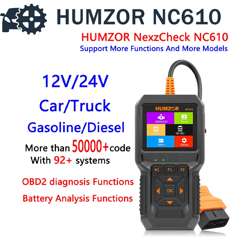 

HUMZOR NC610 12V 24V Full OBD2 Diagnostic Scanner Tool Diesel Gasoline Engine Functions Battery Analysis Mode 8 for J1939 Truck