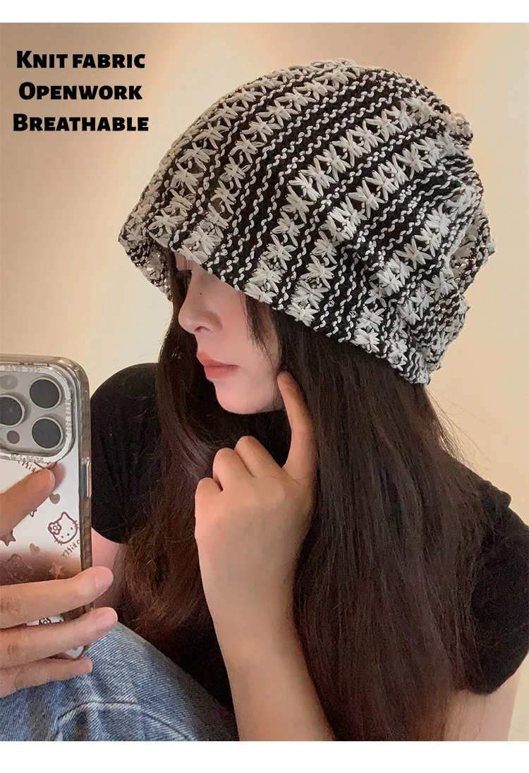 

Lightweight Summer Beanie Women Hand-Crocheted, Openwork Stripes Versatile, Breathable, Minimalist Design