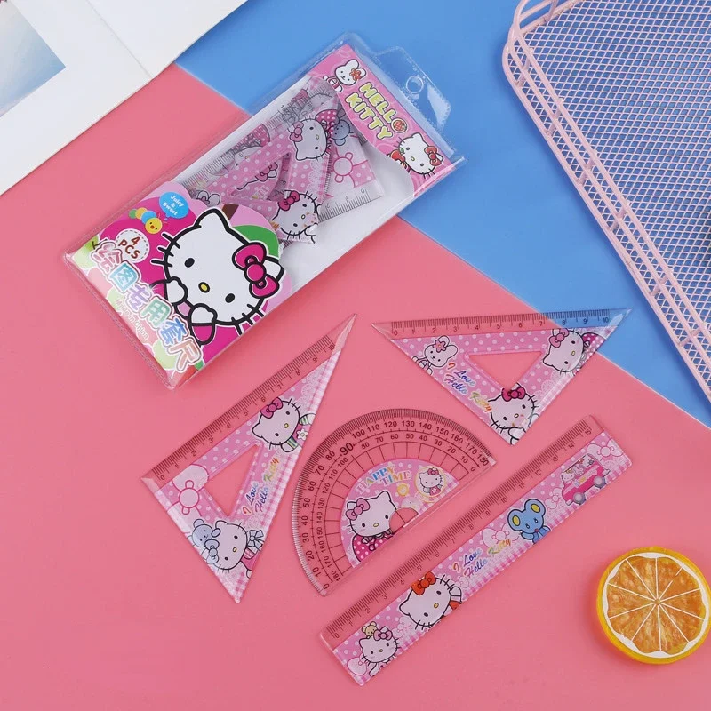 4PCs Set Hello Kitty Girl Ruler Set Stationery Cartoon Ruler Drawing Measurement Geometric Triangle Ruler School Supplies Gift