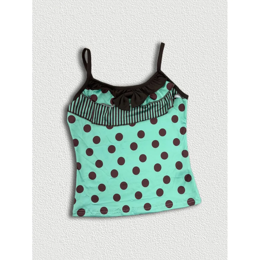 

Mint chocolate cute polka dot bow vest cake skirt women's summer ins style sleeveless sweet two-piece set