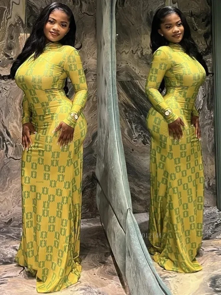 

Fashionable Long Sleeve Slim Fit Print Wrap Bodycon Dress Spring Summer New Arrival Women's Clothing Ankle Length Empire Waist