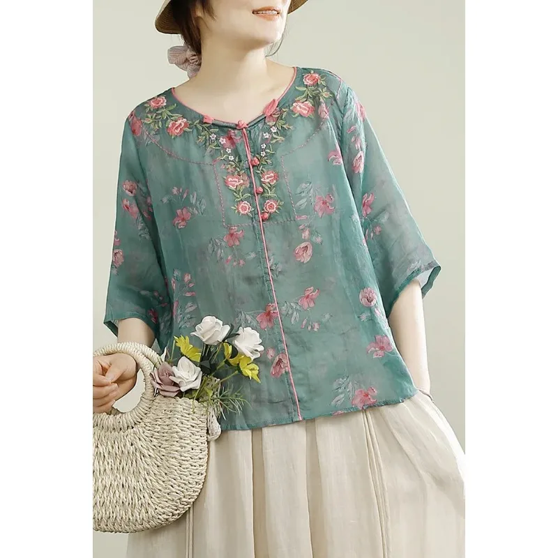 

Women's Sheer Floral Print Blouse with Embroidery and Contrast Trim Casual Linen Shirt