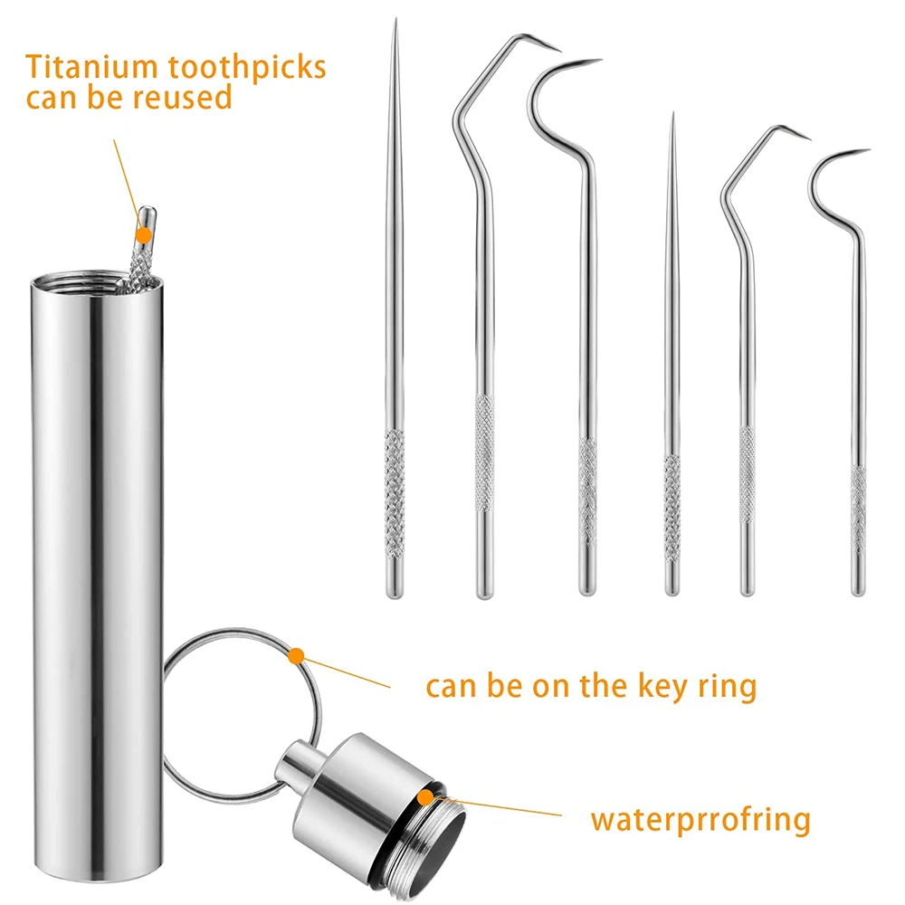 6PC Stainless Steel Oral Cleaning Tooth Flossing Artifact Portable Pendant Toothpick Tube Stronger Dental Outdoor Camping Picnic