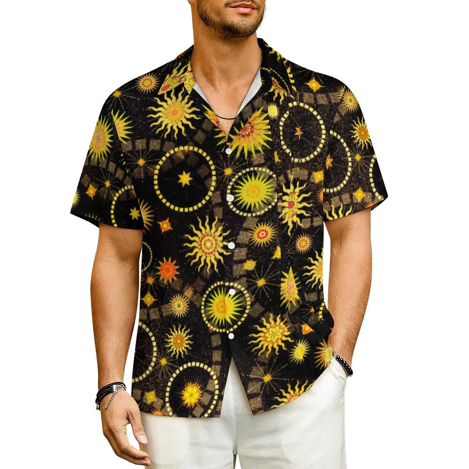 

Abstract Sun Vacation Shirt Gold Stars Print Hawaii Casual Shirts Men Elegant Blouses Short Sleeve Street Style Custom Clothing