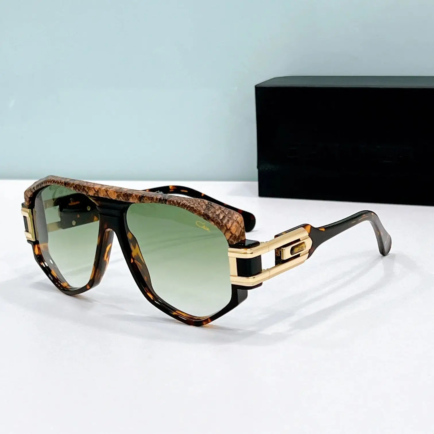 

Original CCAZAL MOD163 Trendy Leather+Acetate Frame Men Sunglasses Gradient Green Lenses Classic Business Women Couple Eyewear