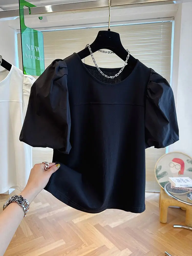 Summer New T-Shirts Causal O-neck Patchwork Puff Sleeve Shirts for Women Chic Korean Sweet Top 2024 Blouse Ropa De Mujer