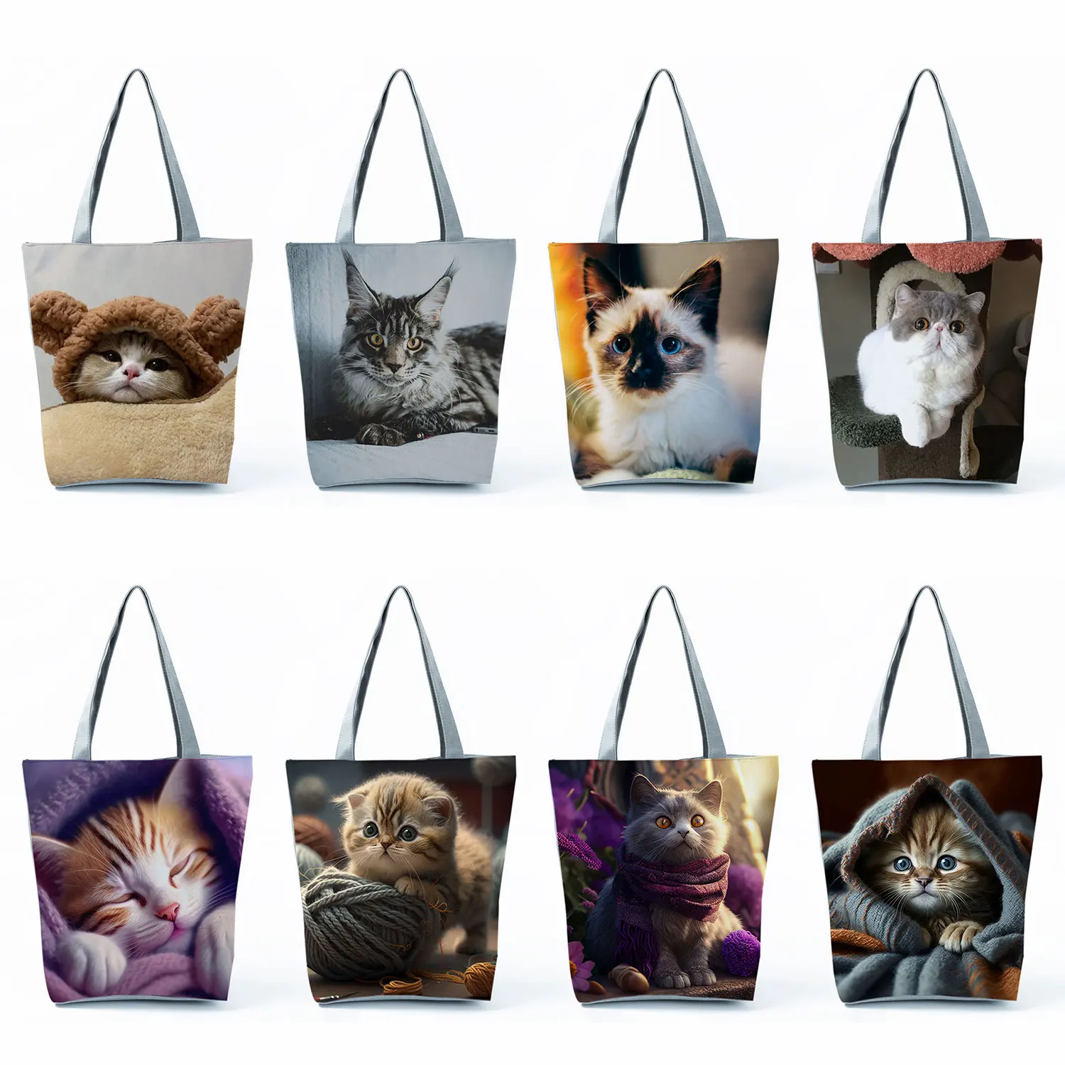 Cute Cat Shopping Bags Groceries Women Handbags Cartoon Animal Graphic Large Capacity Shoulder Bags Female Foldable Office Totes